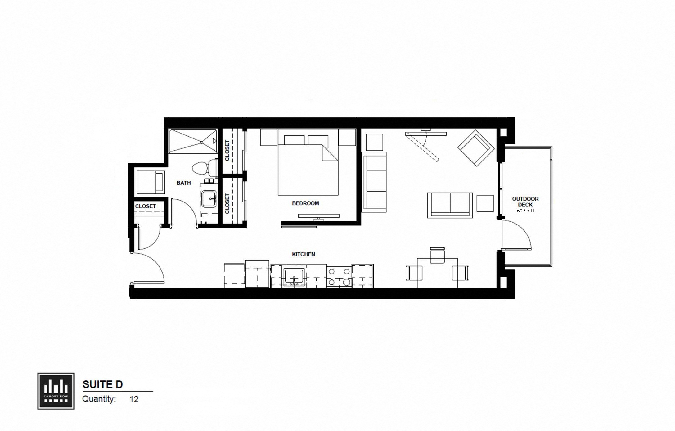 Floor plan for 1 bed, 1 bath, 642 sqft